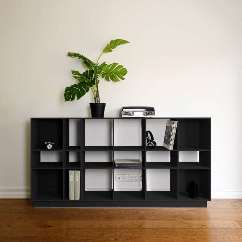 Wandplank Bide Zwart 191 cm met GRID-vakken als boekenkast en ruimteverdeler in strakke Black Valchromat