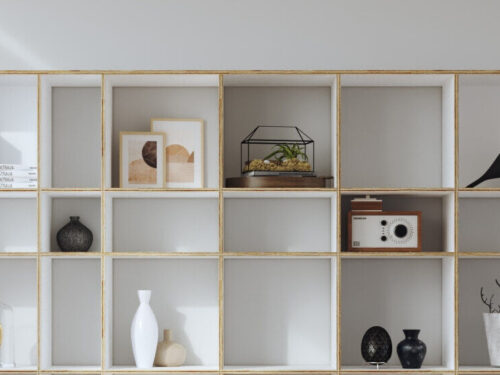 Wandplank Terdas 191 cm met wit HPL, symmetrisch vakkenontwerp en slanke, moderne uitstraling
