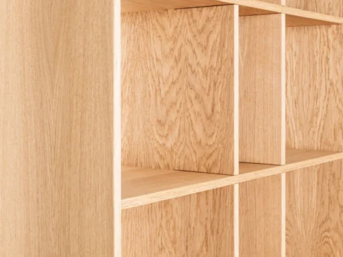 Wandplank Trieskona 123 cm in eikenfineer met open vakken en slanke, moderne roomdivider-uitstraling