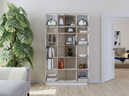 Wandplank Teekun 123 cm in wit HPL, symmetrisch vakkenrek met open opbergruimte en moderne uitstraling