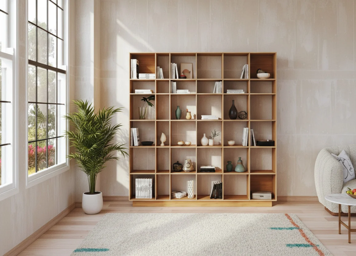Wandplank Stolvik Eiken 191 cm met 6x6 vakken, warme houtlook en open opbergruimte voor boeken en decoratie