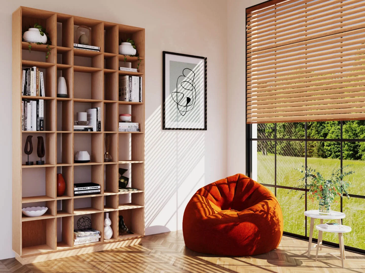 Wandplank Meerdona 144 cm in eikenfineer, modulair met vakken voor boeken en woondecoratie
