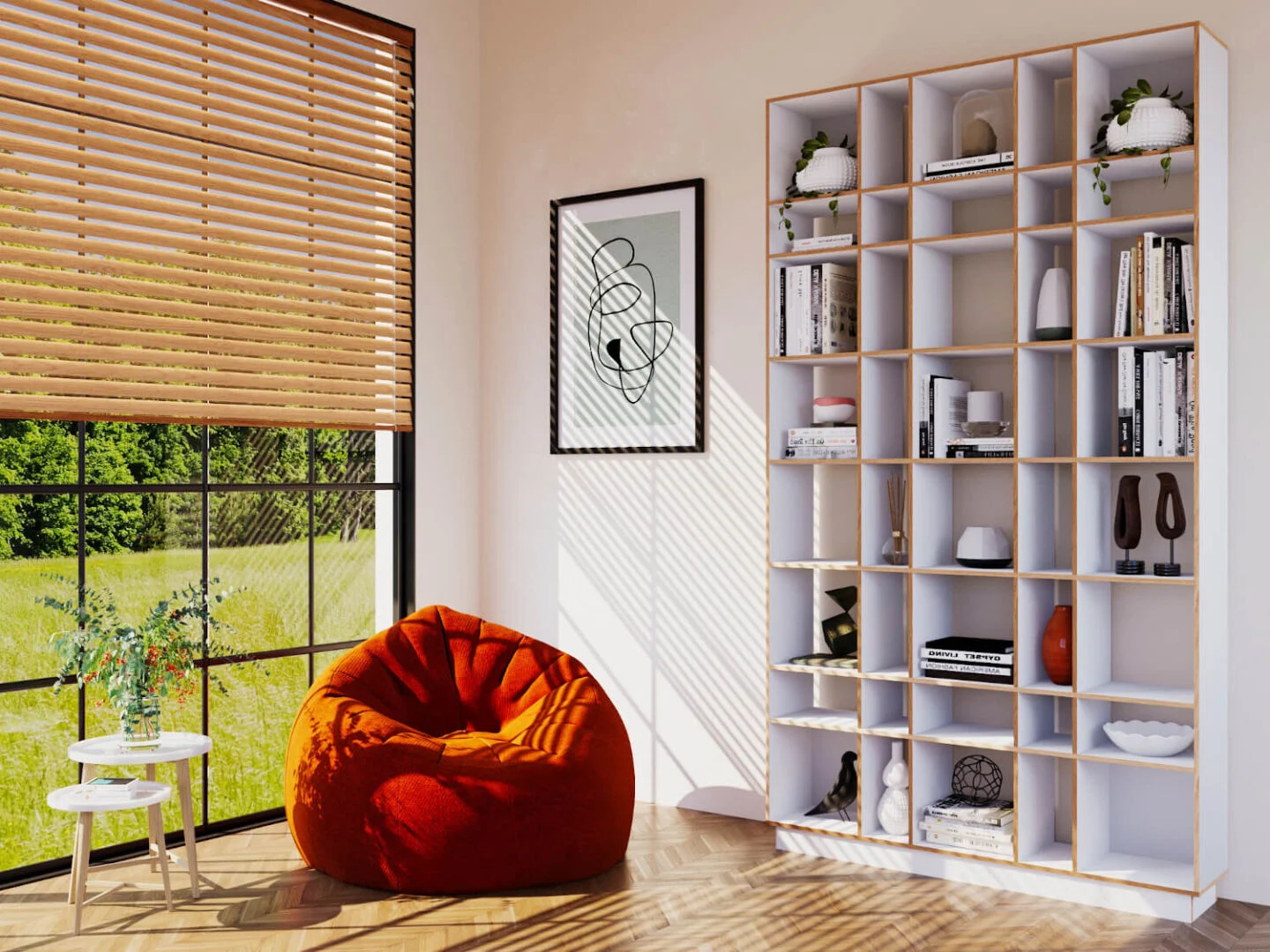 Wandplank Gruntora 144 cm als hoge boekenkast met vakken voor boeken, decoratie en mappen in de woonkamer