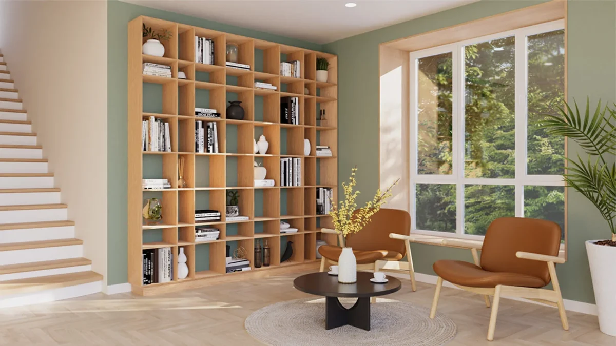 Wandplank Praarmia 33 cm in eikenfineer met open vakken als roomdivider en boekenkast in een lichte woonkamer