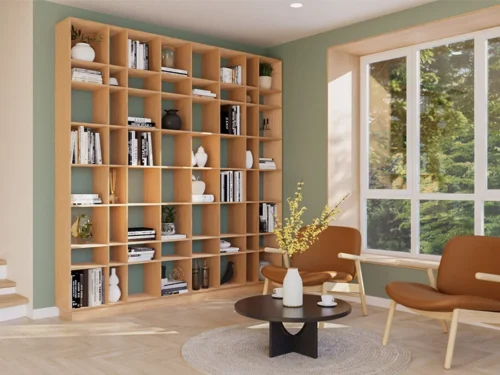 Wandplank Praarmia 33 cm in eikenfineer met open vakken als roomdivider en boekenkast in een lichte woonkamer