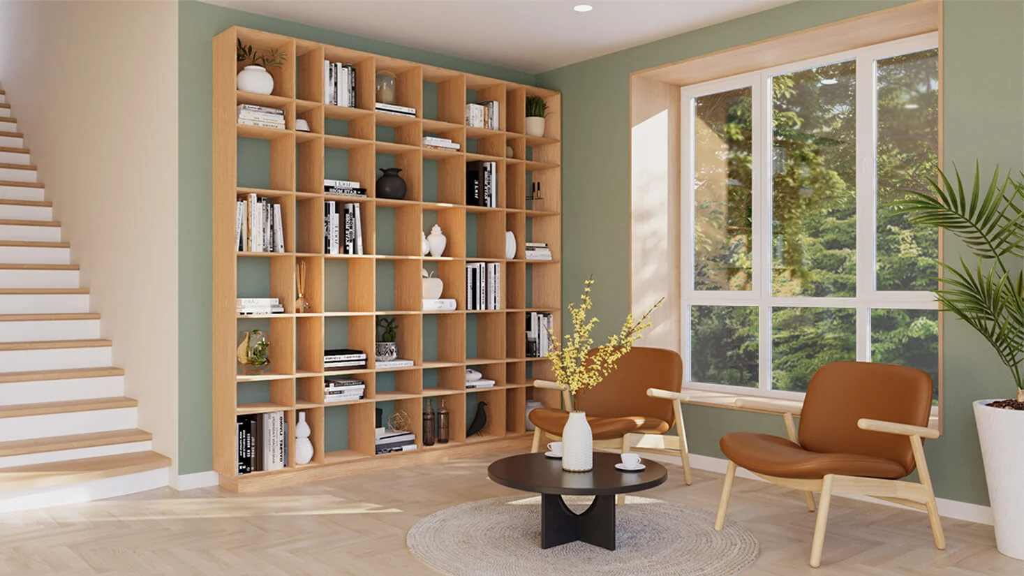 Wandplank Praarmia 33 cm in eikenfineer met open vakken als roomdivider en boekenkast in een lichte woonkamer