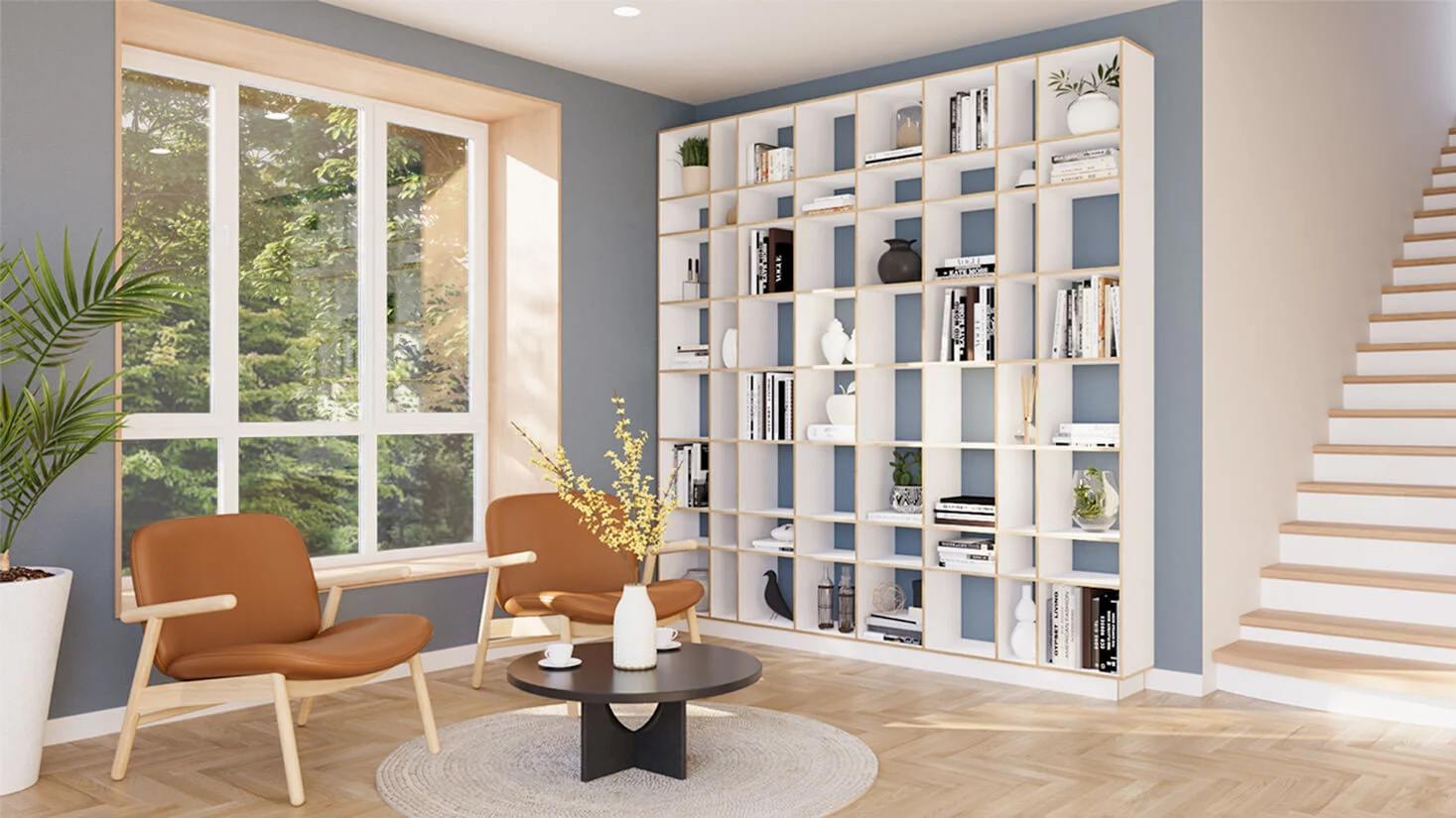Wandplank Numas 33 cm met wit HPL vakken, gevuld met boeken en decor in een moderne woonkamer