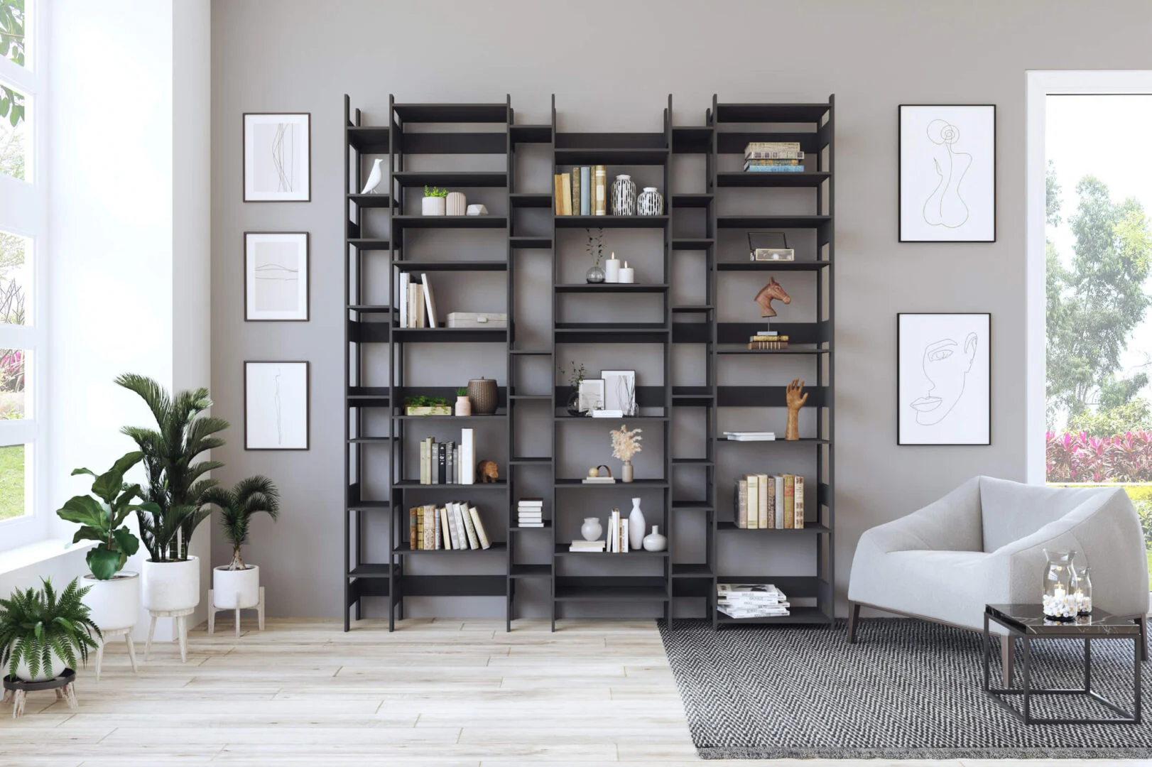 Wandplank Heilvos 210 cm in zwart Valchromat, gevuld met boeken en accessoires in een modern interieur