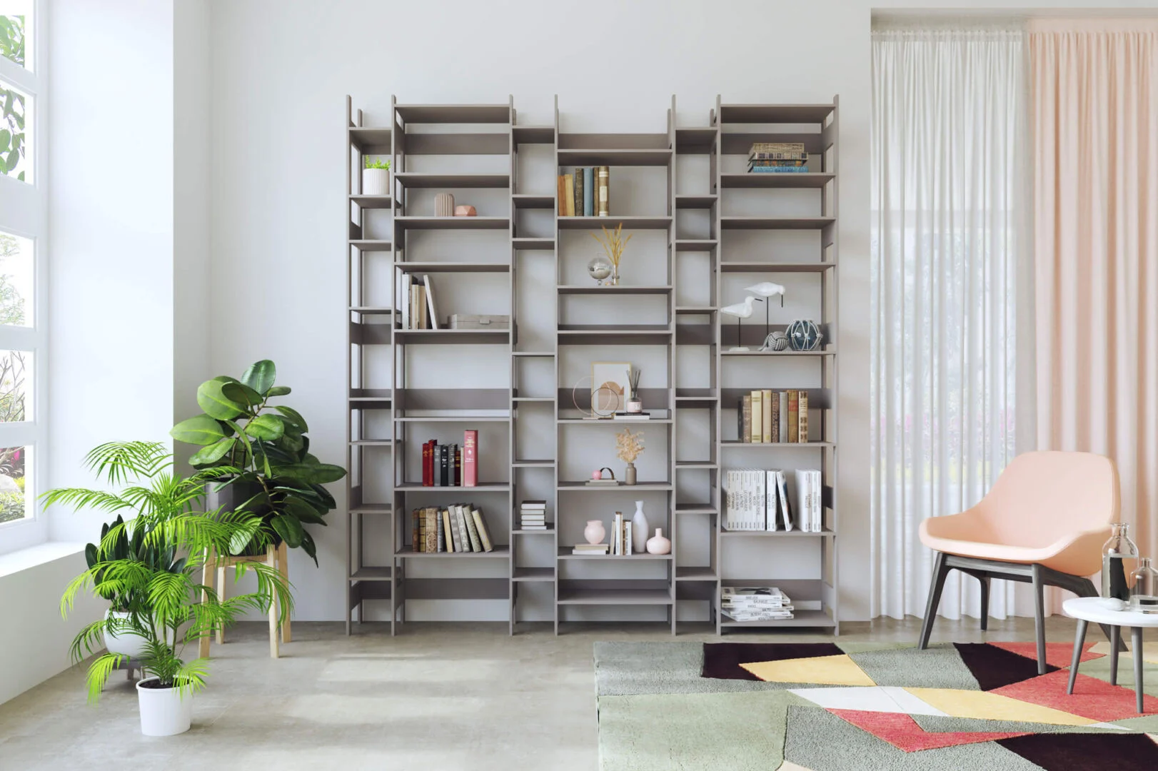 Wandplank Hilos 210 cm in lichtgrijs Valchromat, met royale open vakken in een moderne woonkamer