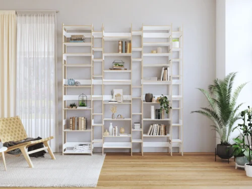 Wandplank Pontas Wit 210 cm, verstelbare open boekenkast met lichte houtlook en strakke vakken aan de wand