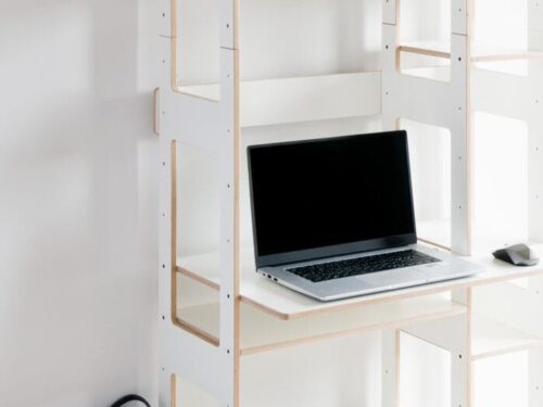 Wandplank Zisal 71 cm, wit HPL, modulair rek met verstelbare planken en werkblad voor laptopaccessoire
