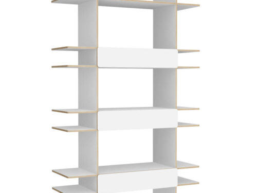 Wandplank Burnos Wit 122 cm met slanke open vakken en drie witte lades in modern minimalistisch design