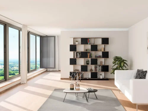 Wandplank Jeirrane 193 cm in zwart HPL met afsluitbare vakken in een lichte woonkamer