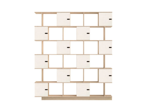 Wandplank Leestino Wit 89 cm met licht eiken vakken en witte deuren, hoge open boekenkast met veel opbergruimte