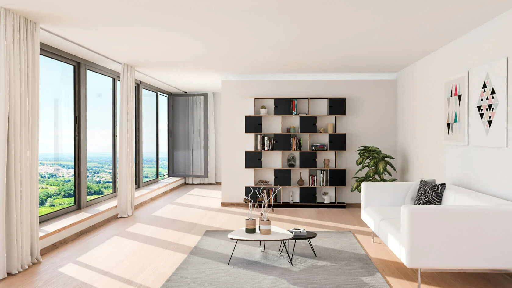Wandplank Braarena Zwart 193 cm als brede boekenkast met open vakken en afsluitbare kasten in moderne woonkamer