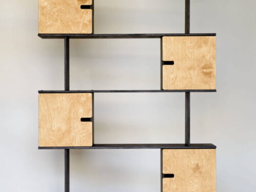 Wandplank Laummy Wit 193 cm met ebbenhouten frame en eiken deuren, modulaire open vakken en opbergruimte