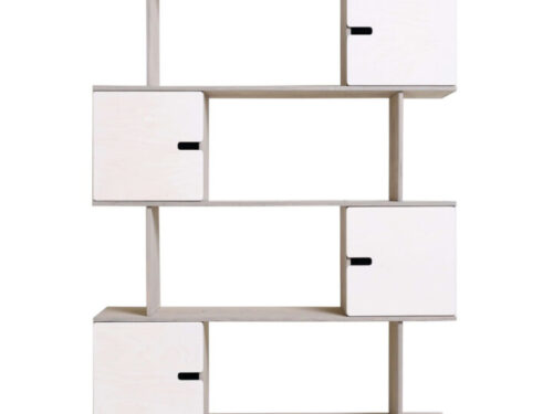 Wandplank Lilena Wit 148 cm met kiezelgrijs hout en gesloten witte vakken, modern en ruim opgezet