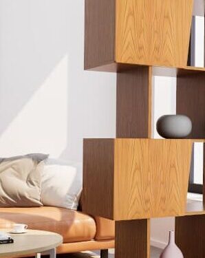 Wandplank Maadik 54 cm met eikenfineer, diagonale lijnen en open vakken in warm modern design