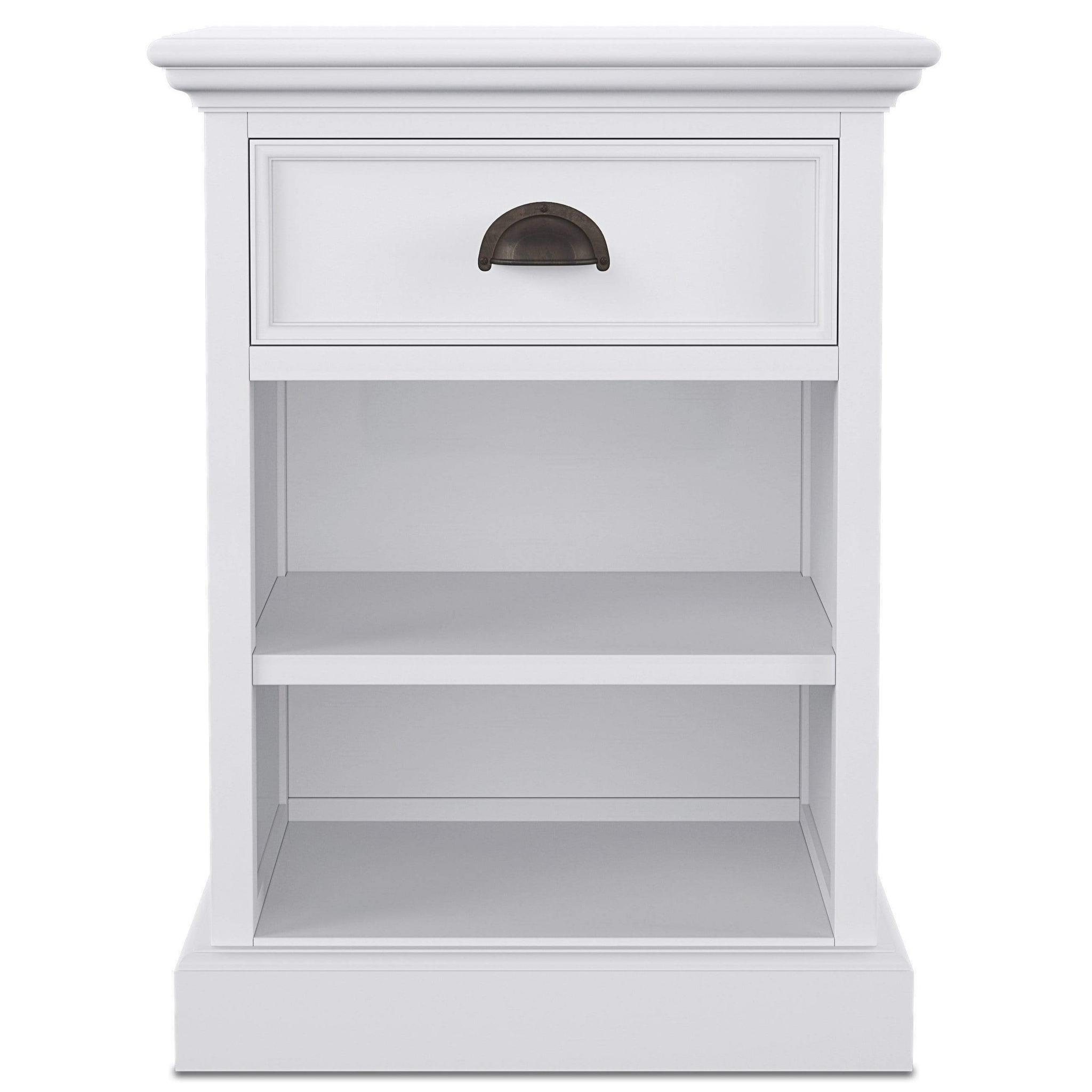 Witte bijzettafel Jastond van MDF met open vak en lade, compact en rustig vormgegeven