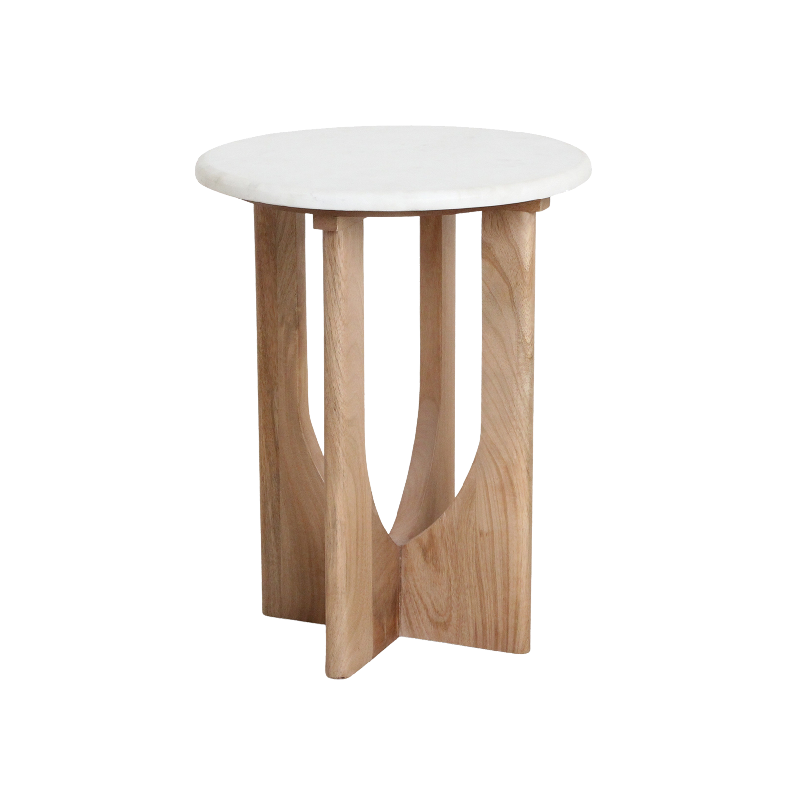 Bijzettafel Tootero van mangohout met wit marmeren blad en slank, compact ontwerp