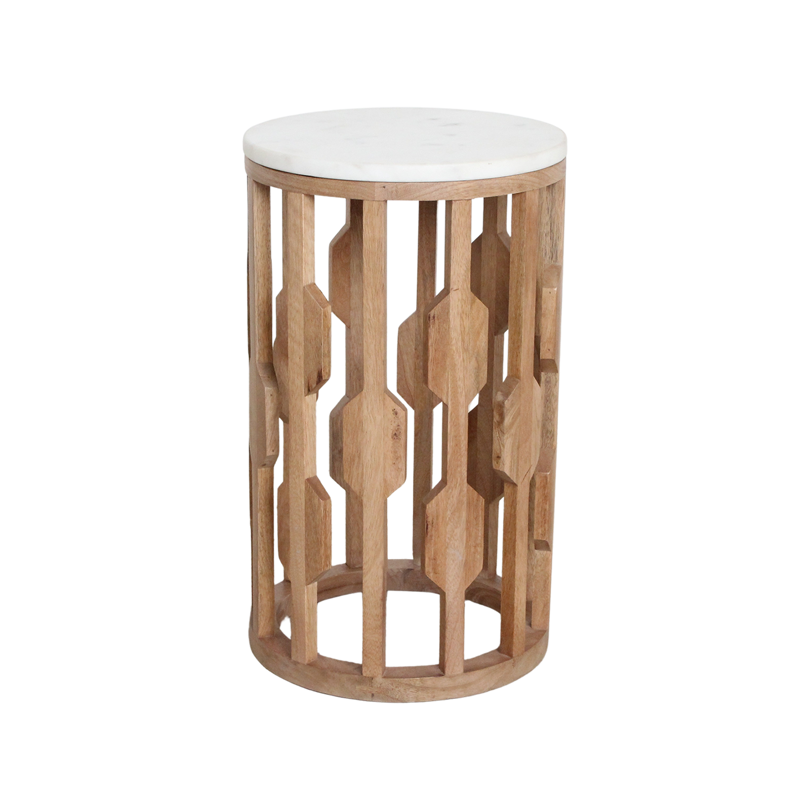 Bijzettafel Vultan Mangohout met wit marmeren blad en geometrisch mangohouten onderstel