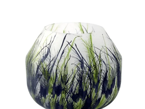 Vaas Goltena glas naturel H22 cm met organisch patroon in groen en donkerblauw, handgemaakt en rond van vorm