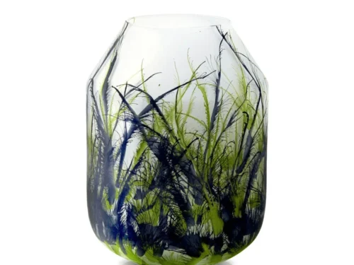 Vaas Klooban Naturel H34 cm, handgemaakt glas met groen-blauwe marmerstructuur en organische vorm