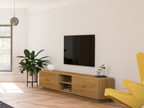 TV-meubel Daaskis 190 cm in eikenfineer met midcentury look, metalen poten en zwarte knopgrepen in een moderne woonkamer