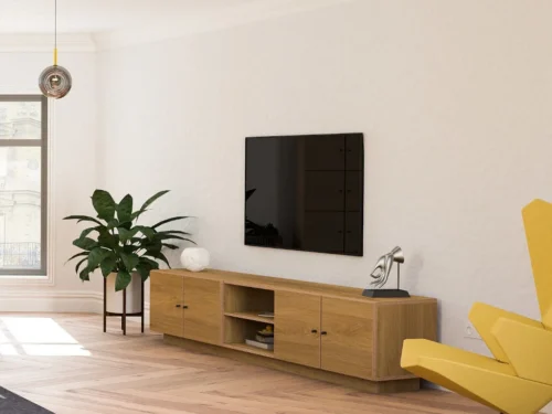 TV-meubel Daaskis 190 cm in eikenfineer met midcentury look, metalen poten en zwarte knopgrepen in een moderne woonkamer