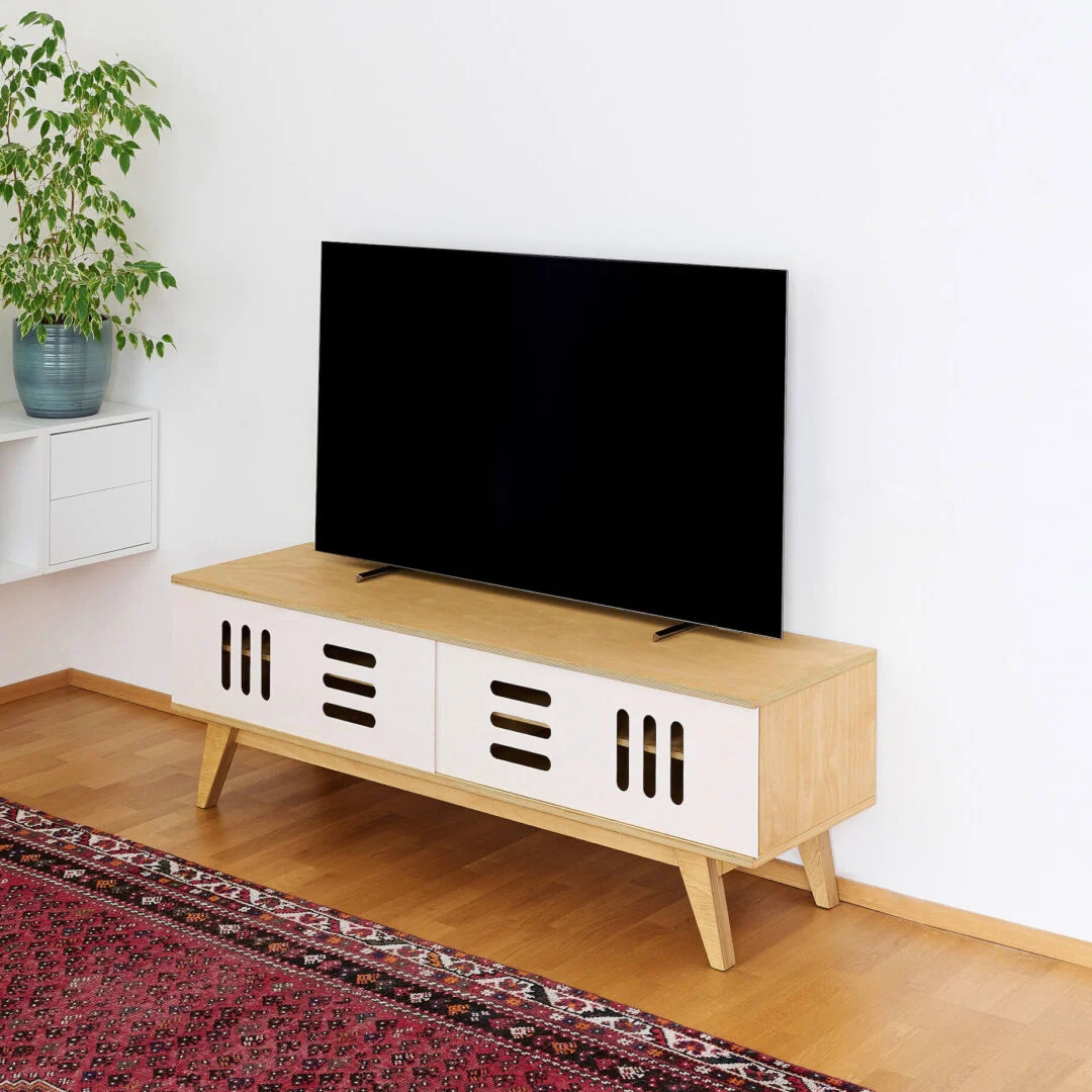 TV-meubel Biekund Wit 150 cm, licht eiken met witte schuifdeuren en open ventilatiesleuven