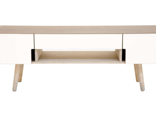 TV-meubel Steirano Grijs 140 cm met kiezelgrijze afwerking, open vak en houten poten