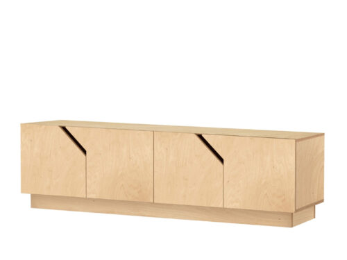 TV-meubel Skunesta 145 cm in licht eiken, strak design met vier deurtjes en gesloten opbergruimte