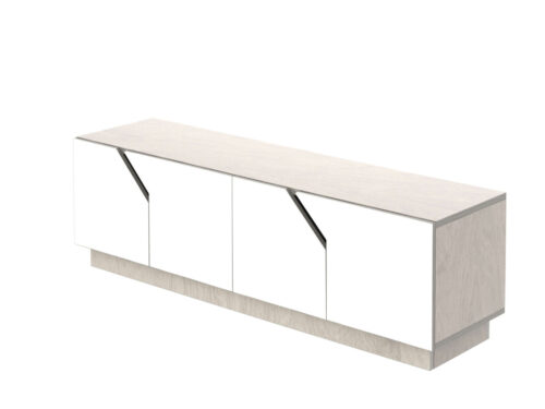 TV-meubel Lena Wit 145 cm met kiezelgrijze houtafwerking en strakke witte deuren, modern en minimalistisch
