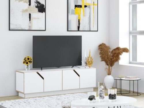 TV-meubel Floolli 145 cm wit HPL met strakke opbergruimte onder een moderne flatscreen-tv