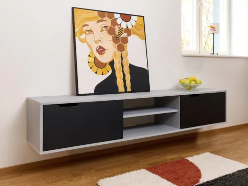TV-meubel Breikund Eiken 150 cm in grijs met zwarte deuren en open vakken, zwevend design