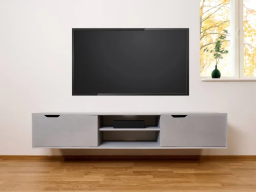 Geedaro zwart 150 cm tv-meubel, wandmontage, grijze houtafwerking en open middenvak
