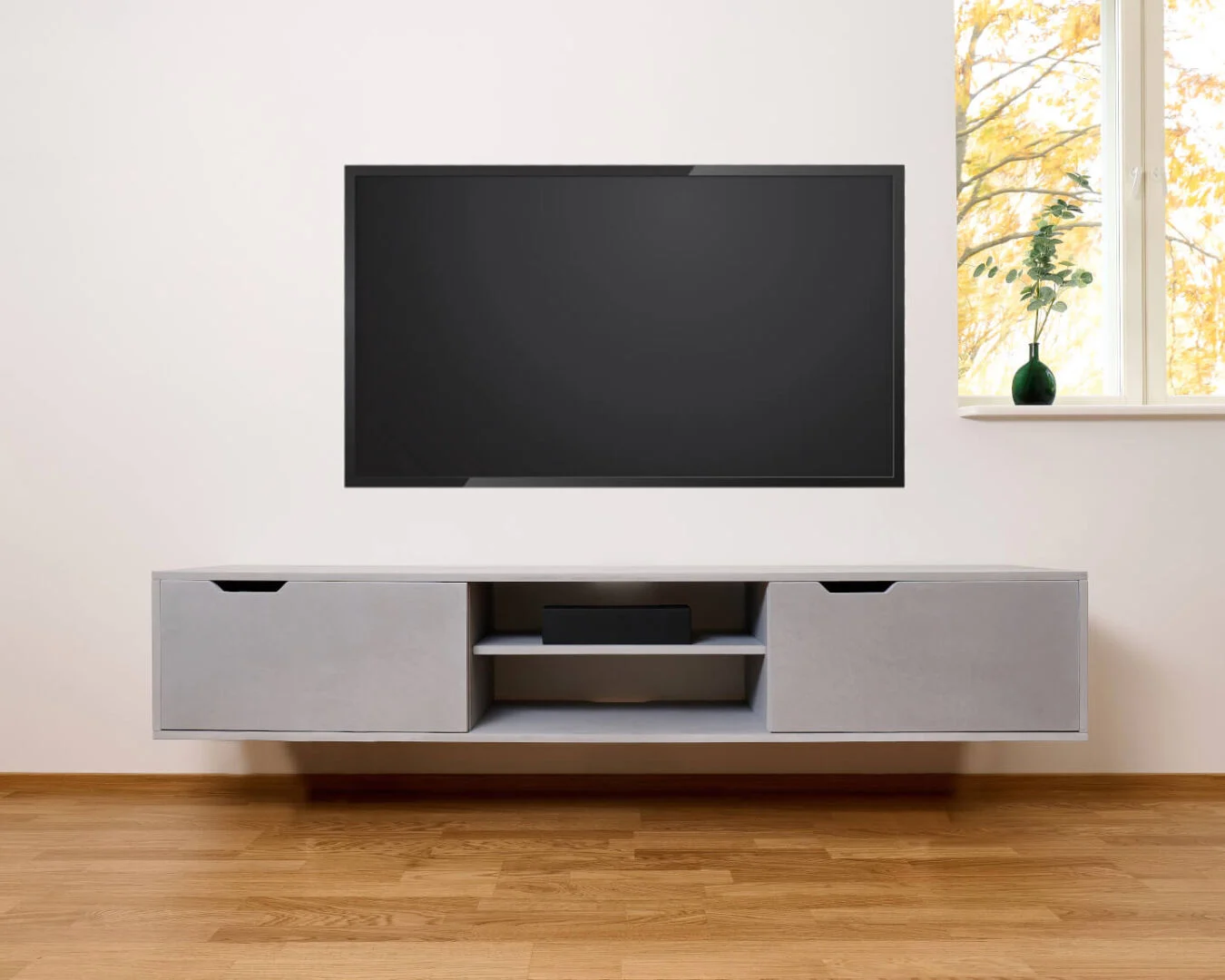 TV-meubel Sibiu 200 cm in grijs met strakke metalen poten en open vakken, hangend onder tv in rustige woonkamer