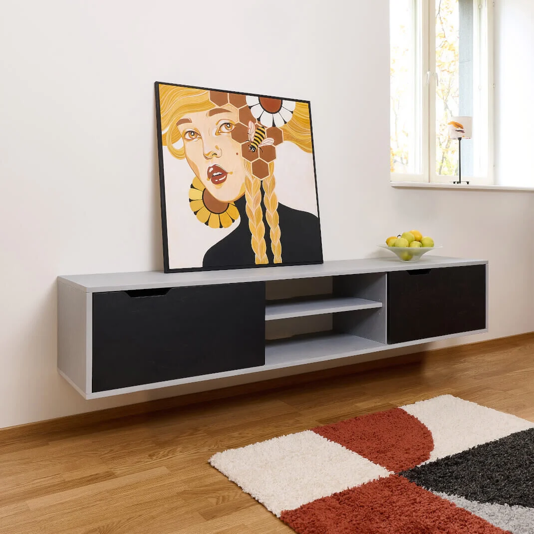 TV-meubel Nookio 200 cm in grijs met zwarte deuren en open vak, modern wandgemonteerd design