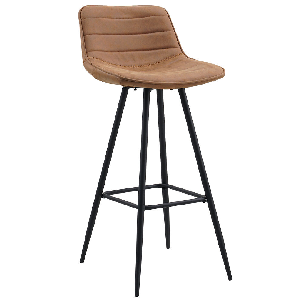 Barkruk Tunis cognac met rugleuning, microvezel bekleding en zwart metalen onderstel
