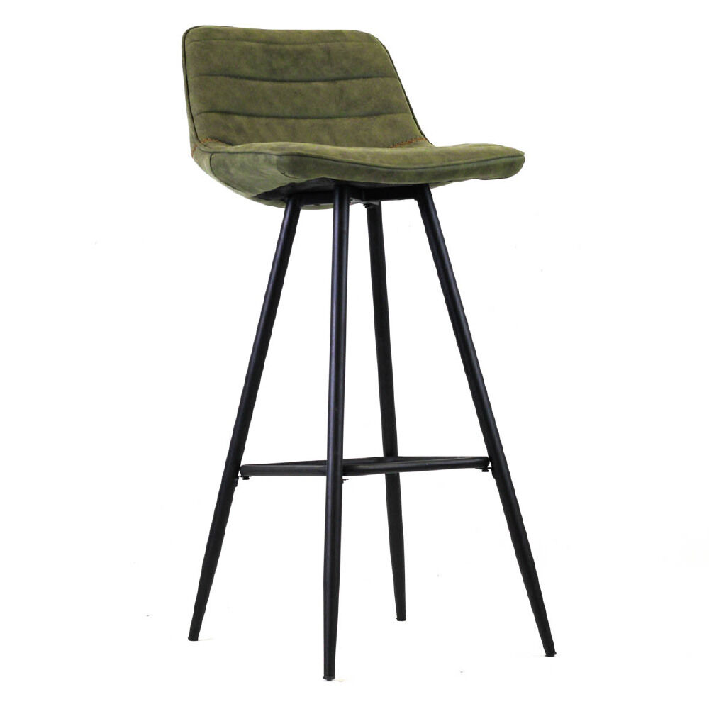 Barkruk Doove Groen met vintage suède-look zitting, zwart metalen onderstel en industriële uitstraling