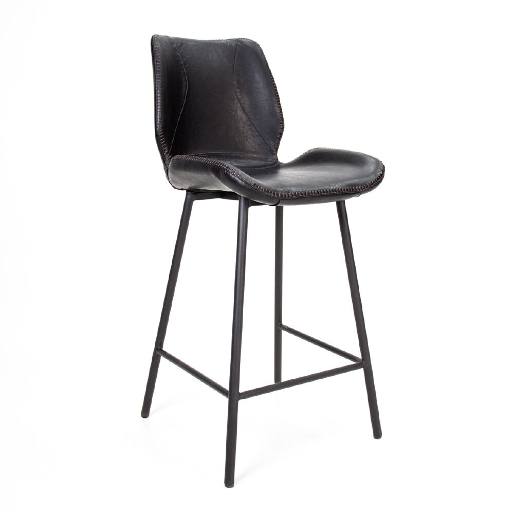 Barkruk Faarona Zwart met PU-zitting, rugleuning en zwart stalen frame voor een stoere, moderne look