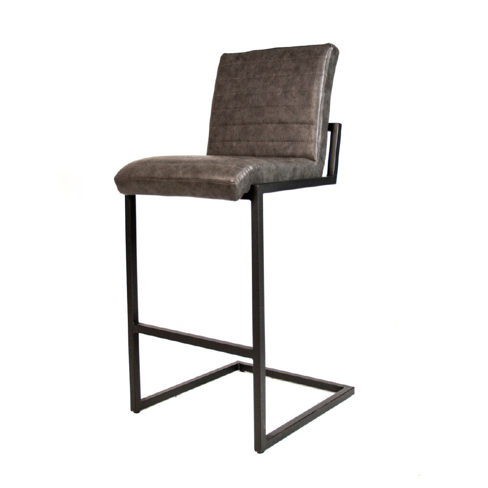 Barkruk Broonsun Antraciet met gestikte zitting, rugleuning en zwart metalen frame