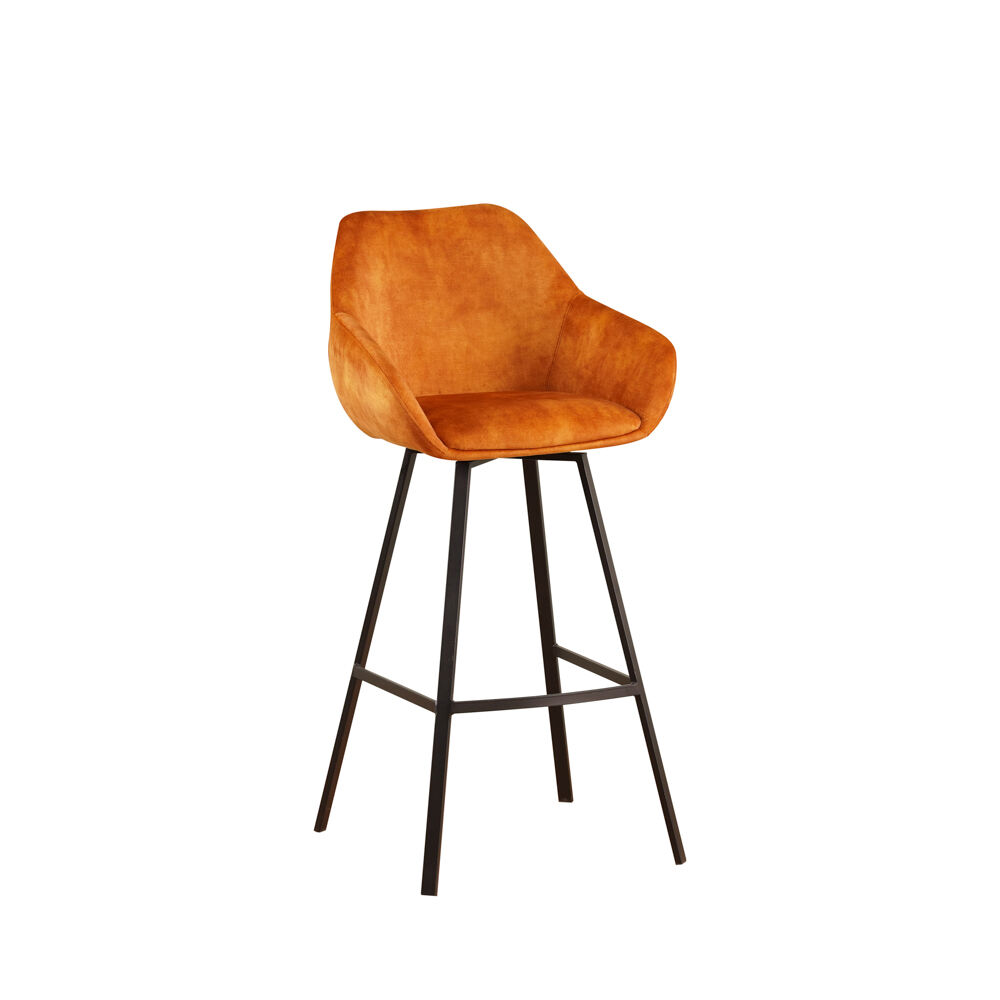 Barkruk Naansura Velvet Cognac met cognackleurige zitting en zwart metalen frame