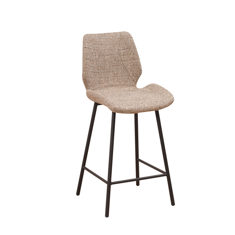 Barkruk Maustone chenille champagne met rugleuning, dikke zitting en zwart stalen frame