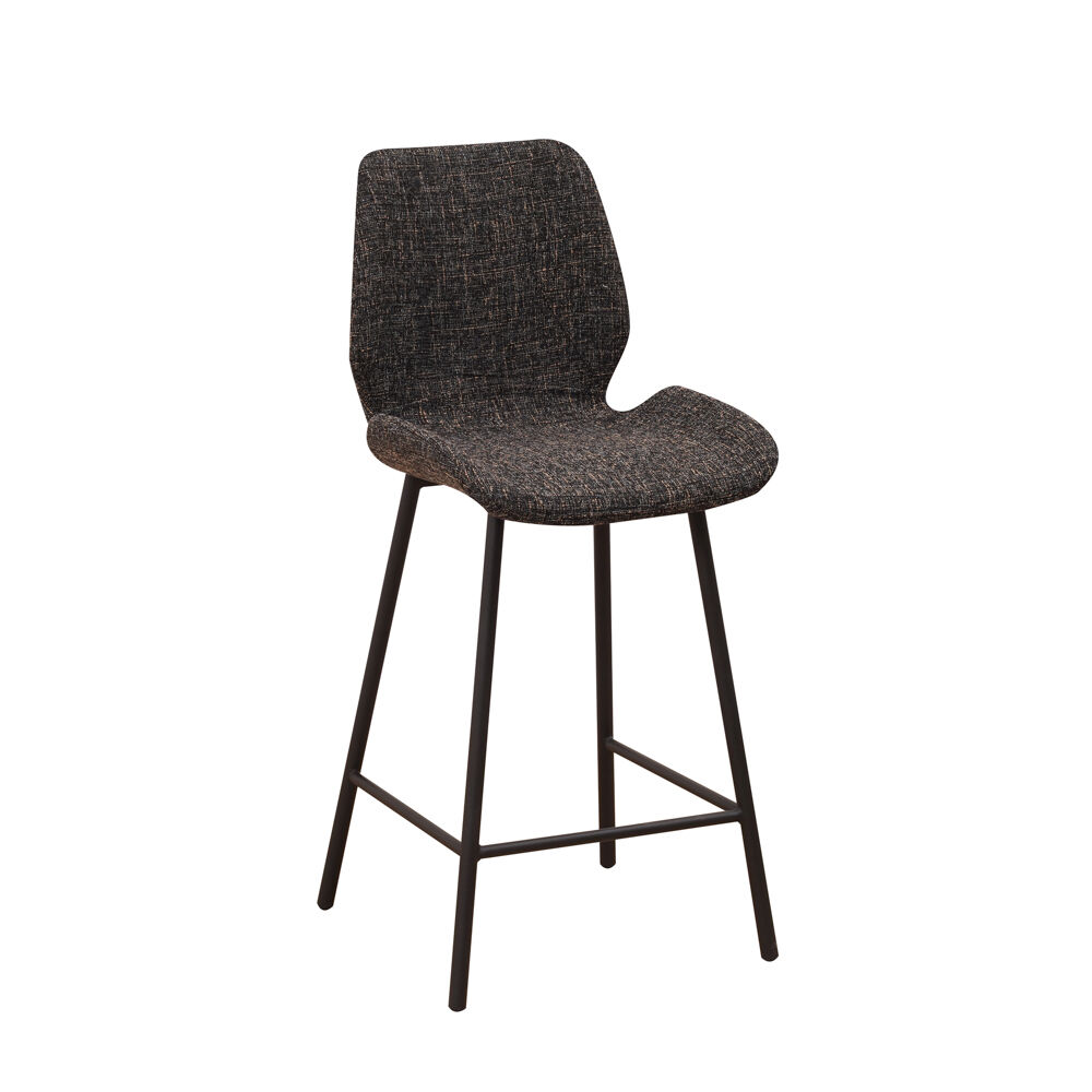 Barkruk Fornura chenille zwart met dikke zitting, rugleuning en zwart stalen frame