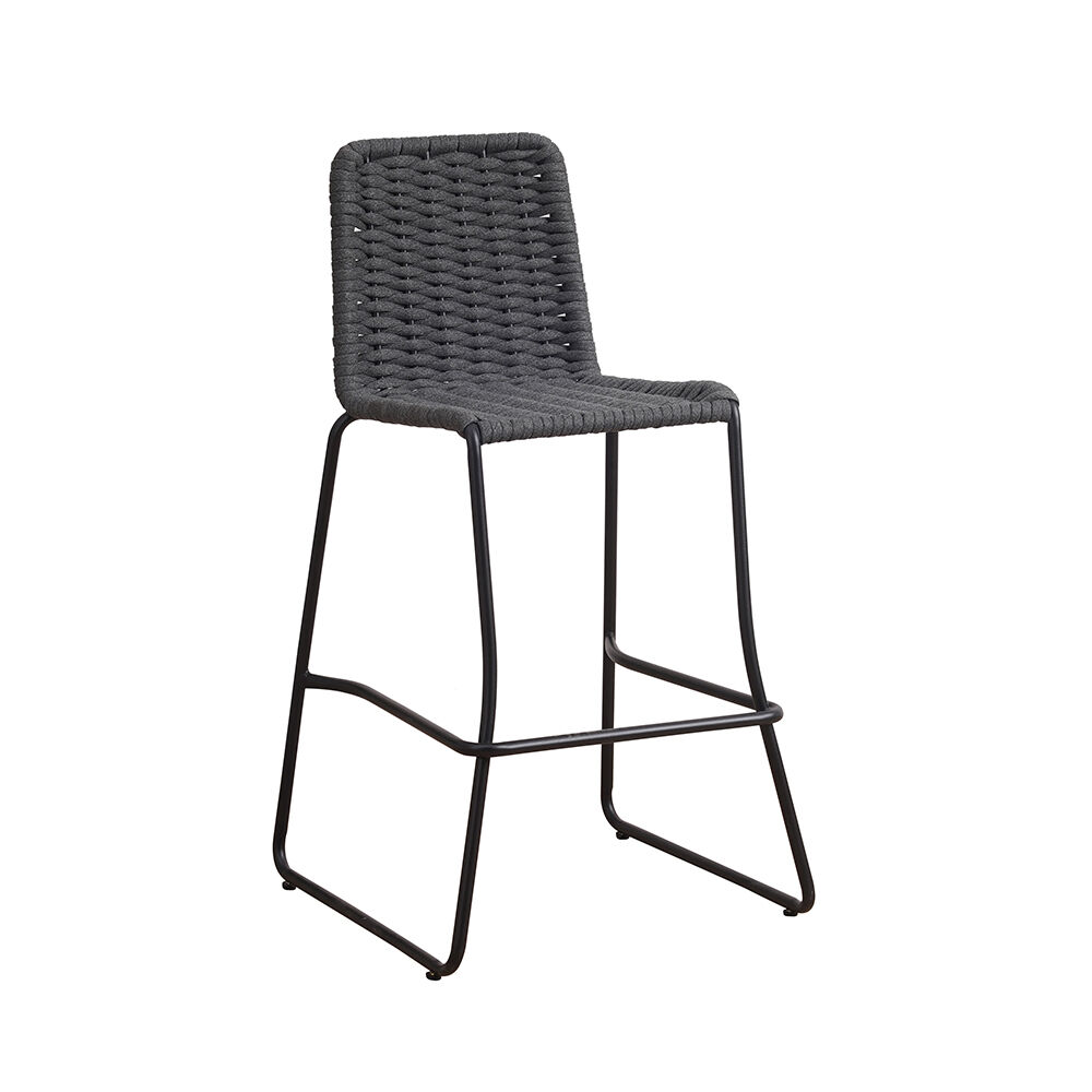 Barkruk Jeendy Antraciet met gevlochten polyester touw en zwart metalen frame, modern en luchtig