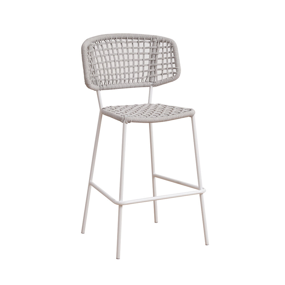 Barkruk Steirund Wit met wit metalen frame en gevlochten touw, moderne outdoor barstoel met rugleuning