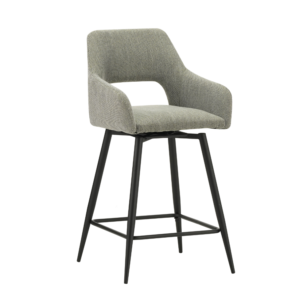 Barkruk Mimmella Groen met armleuningen, rugleuning, grof geweven stof en zwart metalen frame