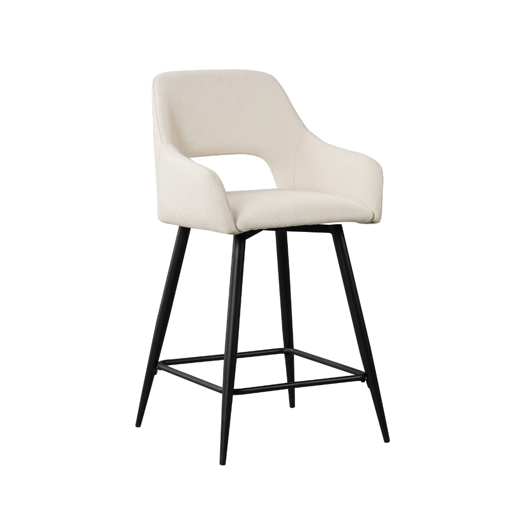 Barkruk Beetia Wit met draaibare zitting, witte grof geweven bekleding en zwart metalen frame