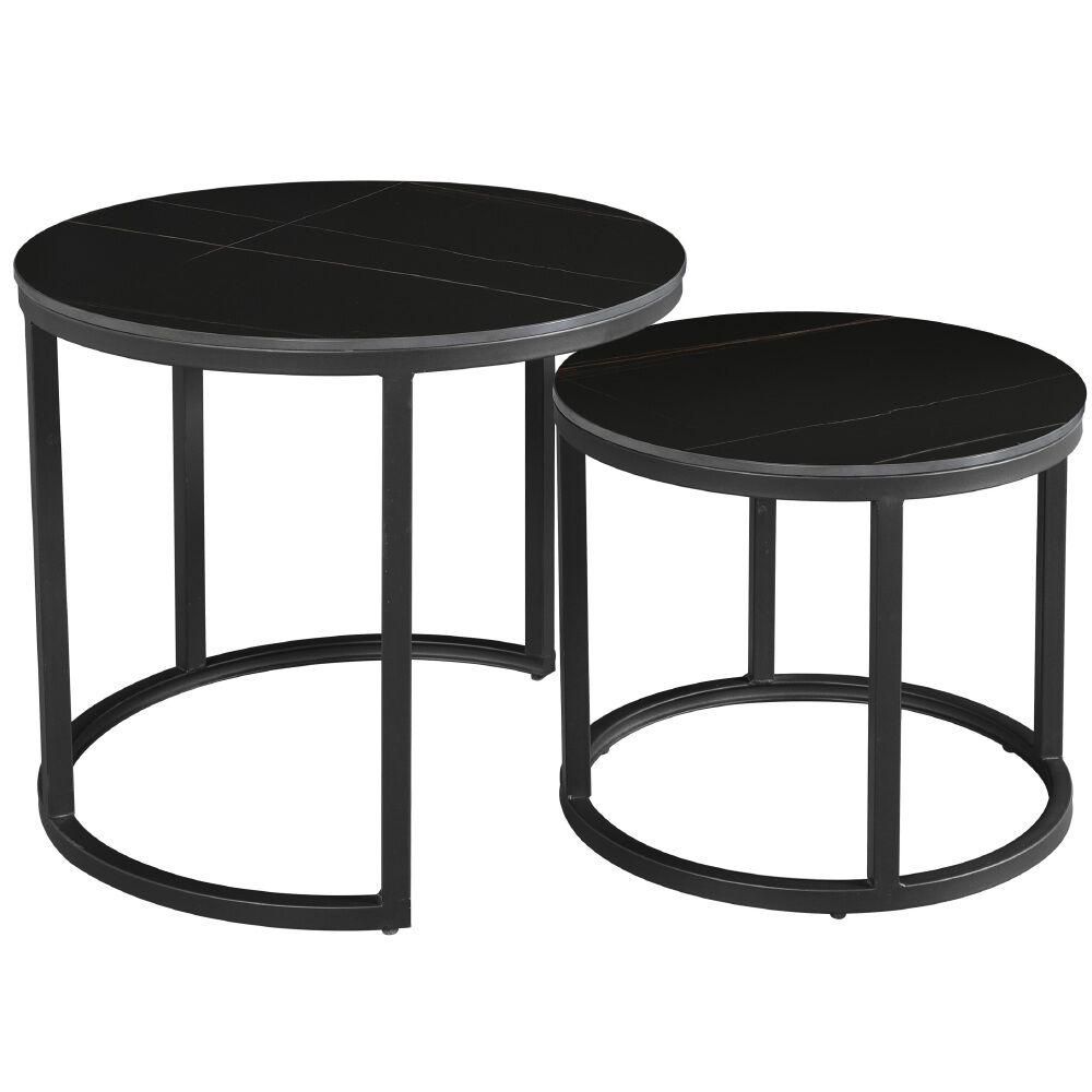 Salontafel Laarel zwart Ø53 cm met marmerlook blad en metalen frame, set van twee bijzettafels